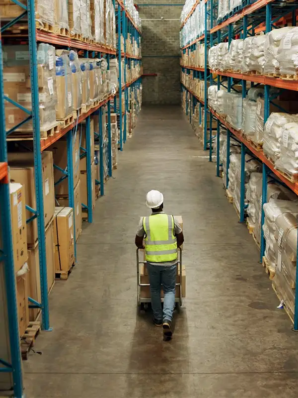 A worker walking through the warehouse, fullfilling an order
