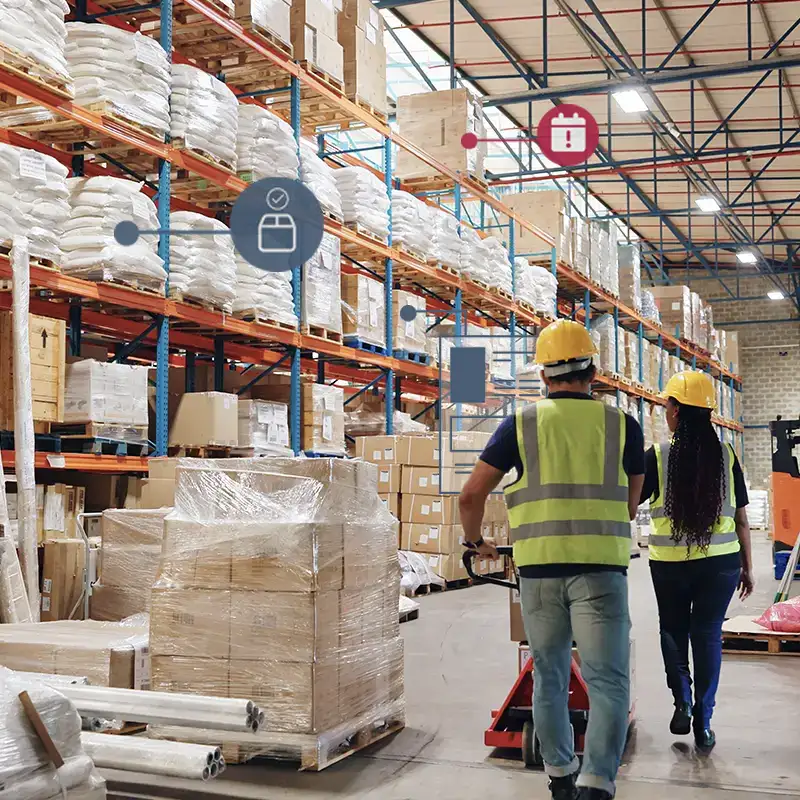 A warehouse where new goods have just arrived that need to be scanned. The warehoue app shows them details on different deliverys.